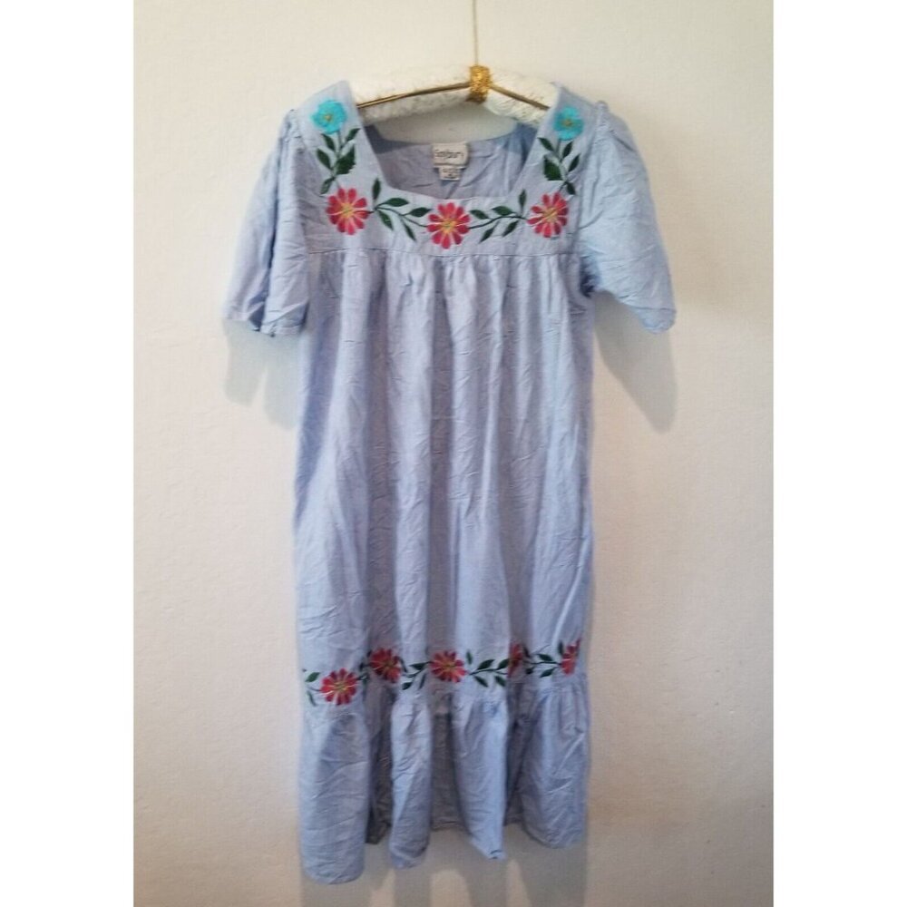 Saybury Womens Square Neck Embroidered Floral Ruffle Hem Midi Dress Medium Blue